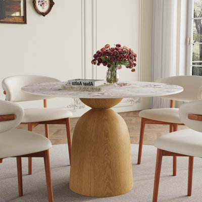 Modern Round Dining Table With Durable Sintered Stone Tabletop & Sturdy Solid Wood Pedestal Base For 2-6
