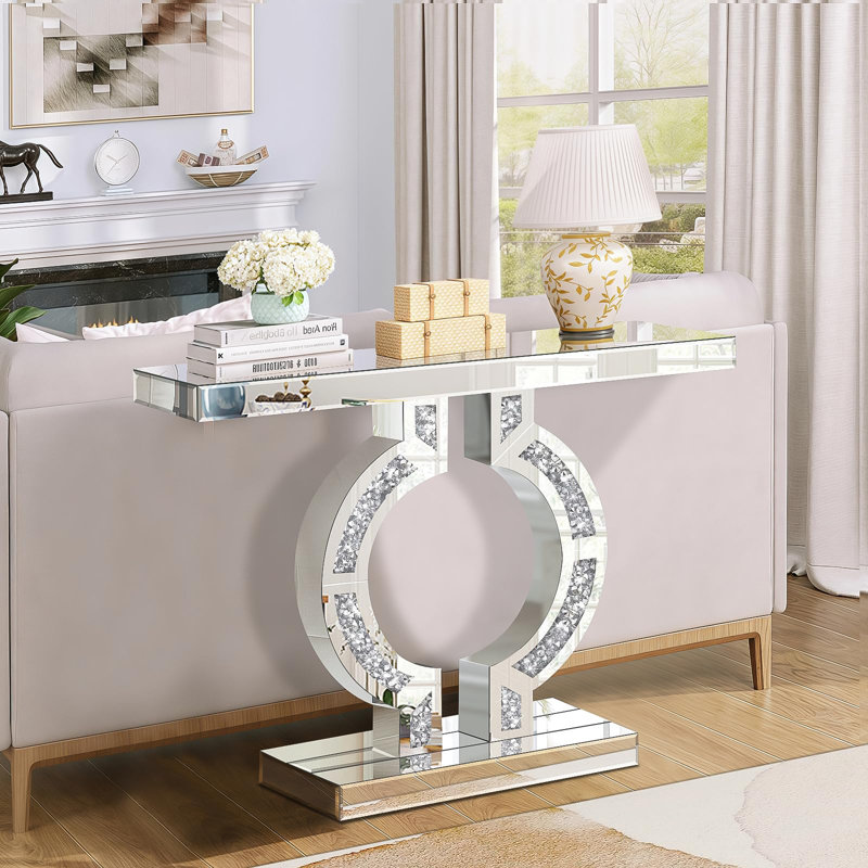 Silver Mirrored Console Table With Crushed diamond Inlay, 39.4" Long Entryway Sofatable, 0-Shaped Base Modern Accent Narrow Table
