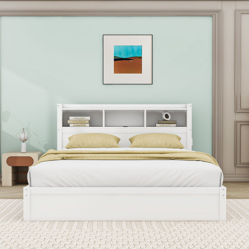 Lit plateforme à 2 tiroirs en bois avec tête de lit, armoire de rangement coulissante, éclairage à DEL et tablettes, Blanc