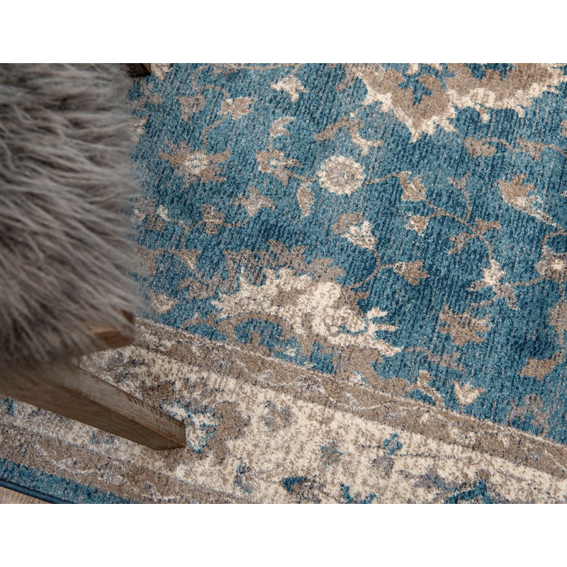 Tapis décoratif floral bleu Linz, Rectangle 3 pi 3 po x 5 pi 3 po