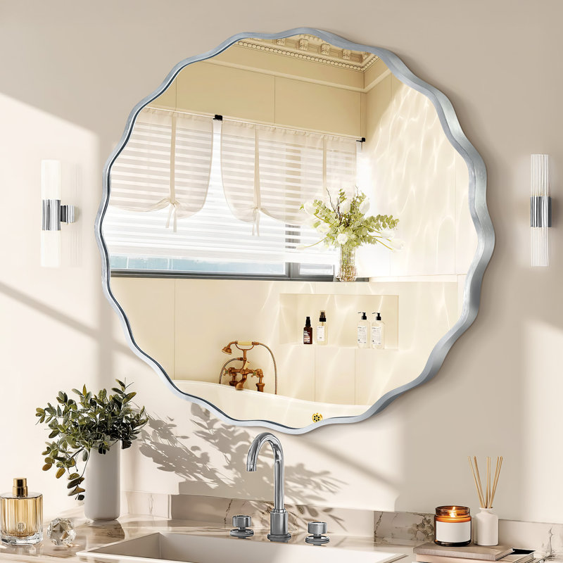 Miroir mural rond en alliage d'aluminium ondulé avec cadre en métal, miroir décoratif moderne pour le salon, la chambre à coucher ou le vestibule