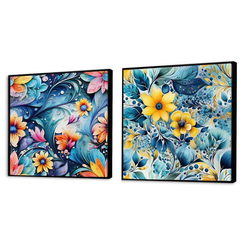 Tavistock - Ensemble de 2 collages floraux et botaniques carrés, Cadre flottant noir, H 36 po x l 73 po