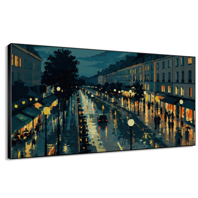 Extra Large Wall Art Fabric Print - Modern Urban Night Street Scene with Rain Reflections City Lights and People Walking Under Moonlit Sky Contemporary Atmospheric Cityscape for Living Room or Bedroom - "Frame Assembly Required (Unfinished Frame)"