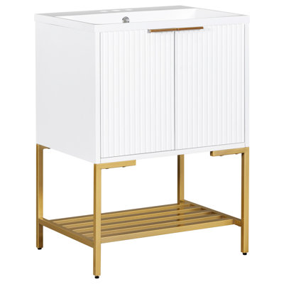 Meuble-lavabo avec lavabo, meuble-lavabo avec deux portes et structure en métal doré Natira