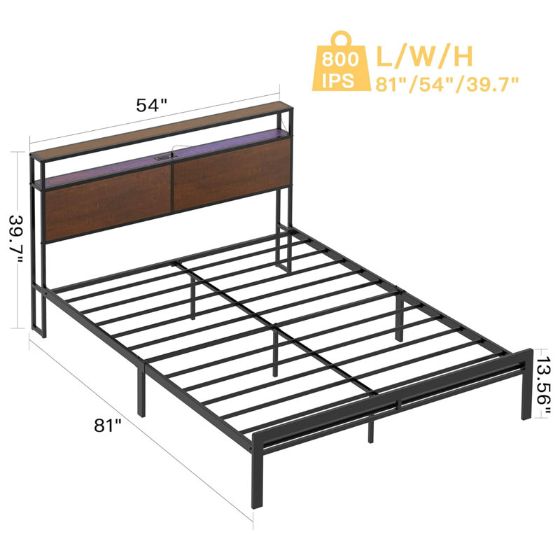 17 Stories Bed Frame with Storage Headboard Metal Platform Bed with Stopper, Queen
