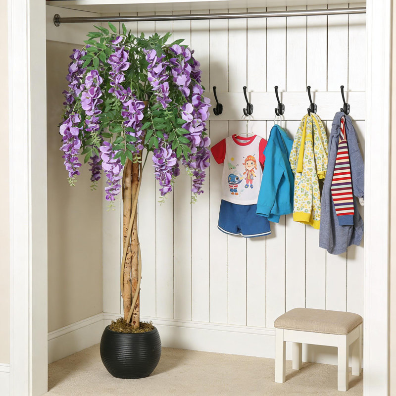 Arbre à fleurs artificiel mauve avec pot de ciment - Vigne suspendue réaliste et mousse pour la décoration intérieure, le bureau, le mariage