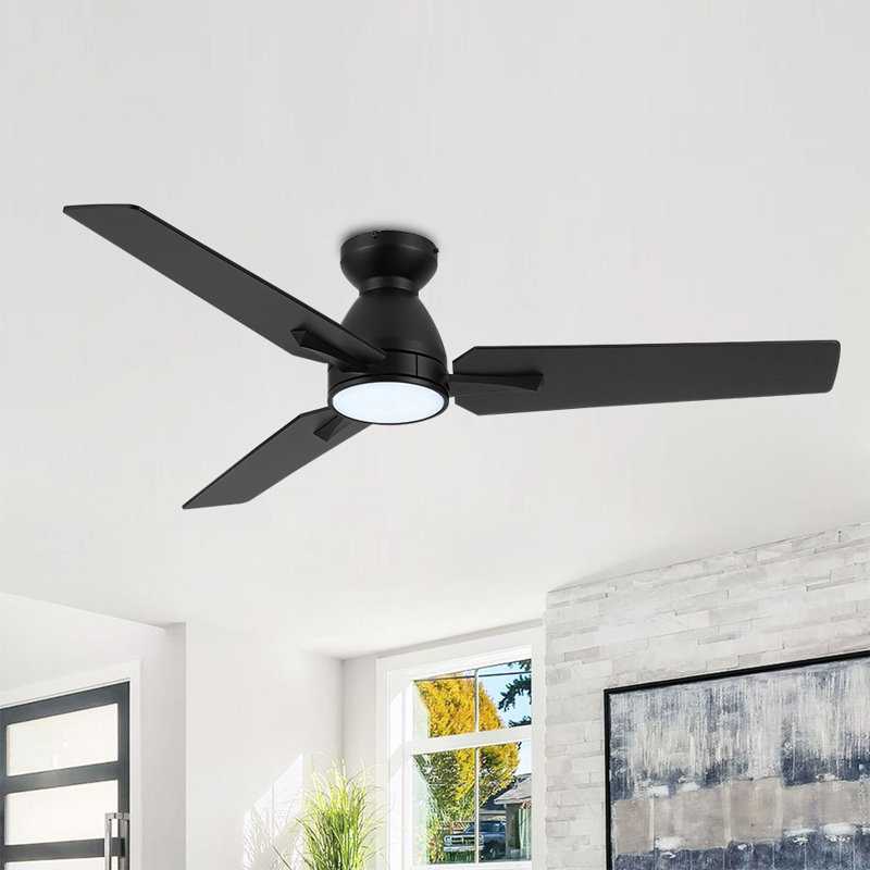 3 Blades Indoor Flush Mount Ceiling Fan With Light Kit, Black, 44"