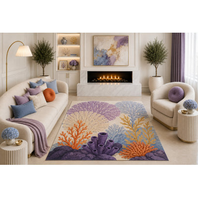 Tapis de corail lavande 5 pi x 7 pi «Ultra Léger», art botanique de bord de mer pour la chambre à coucher, décor de maison de plage, envers en silicone antidérapant