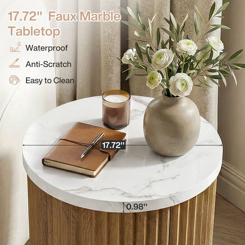 23.6-Inch Tall Round Nightstand with Faux Marble Tabletop, Drum Shape, 1