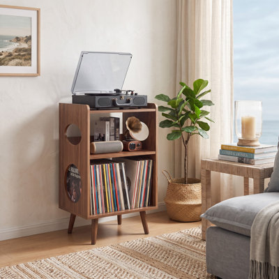 Support pour tourne-disque classique en noyer avec rangement en vinyle, station de charge USB et présentoir d'albums