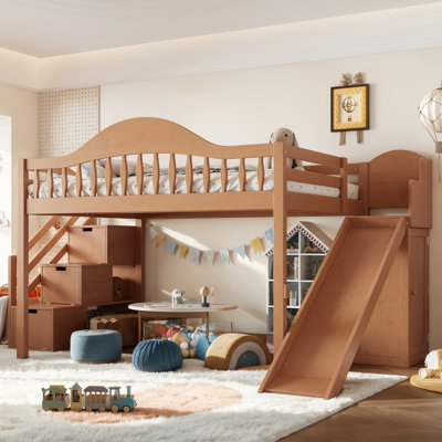 Lit mezzanine double avec escalier de rangement, glissade et garde-robe intégrée, garde-corps haut élégant, cadre de lit mezzanine en bois pour la chambre à coucher, les dortoirs, les invités.  Noyer