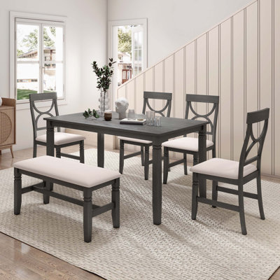 6-Piece Wood Dining Table Set Kitchen Table Set With Upholstered Bench And 4 Dining Chairs