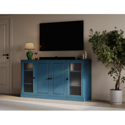100% Solid Wood TV Stand With Raised Panel, Frosted Glass Doors And Adjustable Shelves For Tvs Up To 65"