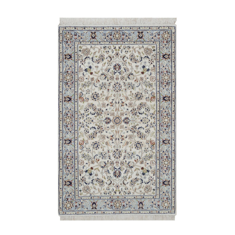 Tapis oriental blanc perle 3 pi 2 po x 5 pi 2 po noué à la main avec motif floral Nain 250 KPSI