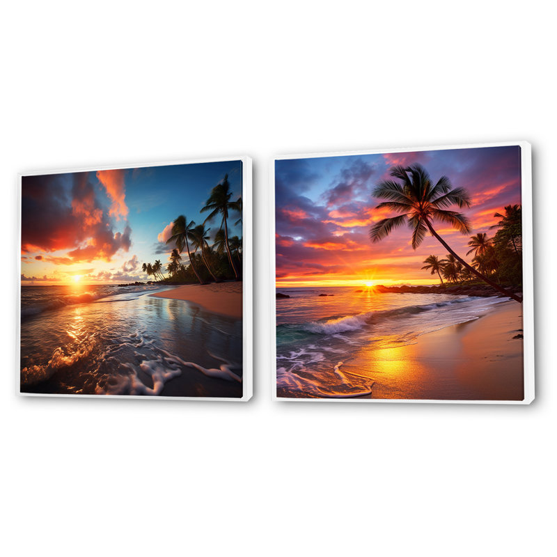 2 pièces sur toile - Beach Sunset Beach, Cadre flottant blanc, H 36 po x l 73 po