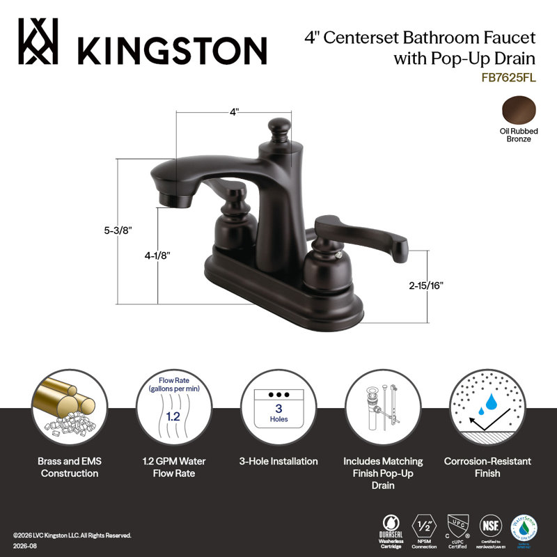 Robinet de salle de bain central à 4 poignées à 3 trous à fixation sur le comptoir avec poignée escamotable en laiton Kingston