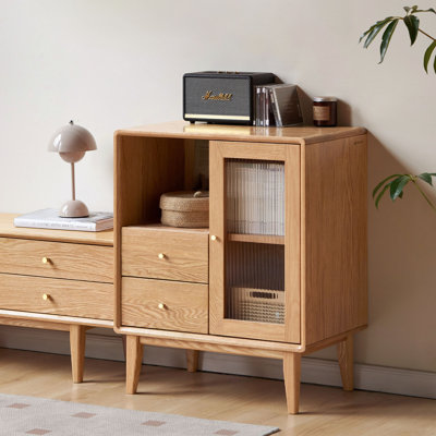 25.6"W Solid Wood Mid-Century Modern Rectangle Accent Cabinets with Drawers and Fluted Glass Door