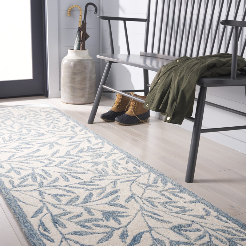 Ivory and Blue 8' Wool Hand-Tufted Runner Rug