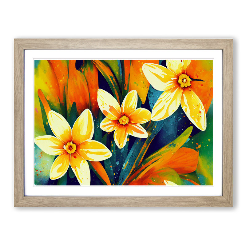 Daffodil Flower Splash Vol.3 Abstract - Single Picture Frame Print, 46cm H x 64cm W x 2cm D, Oak
