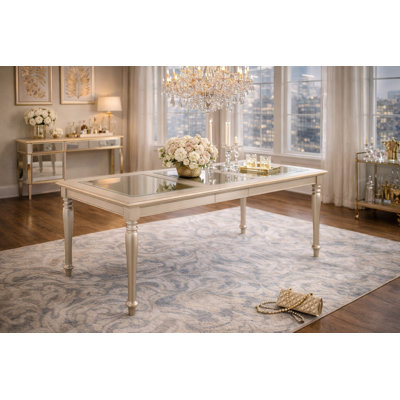 Adrianna Glam Champagne Silver 60"–78" Extendable Dining Table with Glass Insert Top, Seats 6