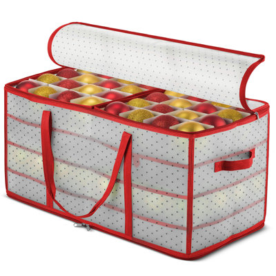 Boîte de rangement pour ornements de Noël - contient 128 ornements avec fermeture à glissière à 2 côtés - contenants de rangement en plastique flexibles pour ornements de Noël - compartiments cubes de 3 pouces - rouge