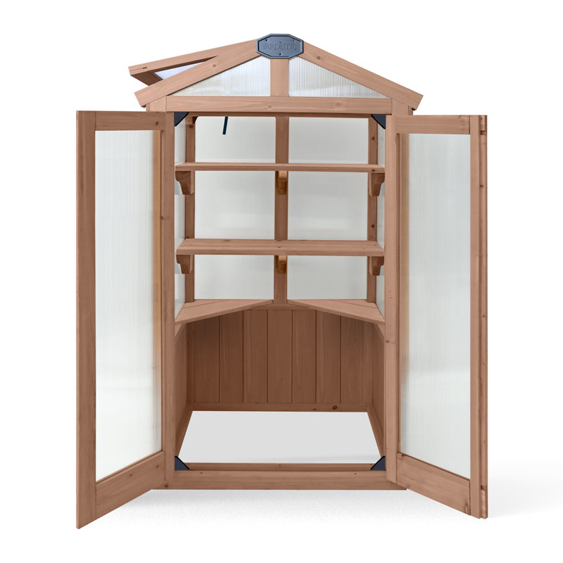 Urban Greenhouse with Cedar Wood Frame and Polycarbonate Panels Compact Modern Design for Small Spaces