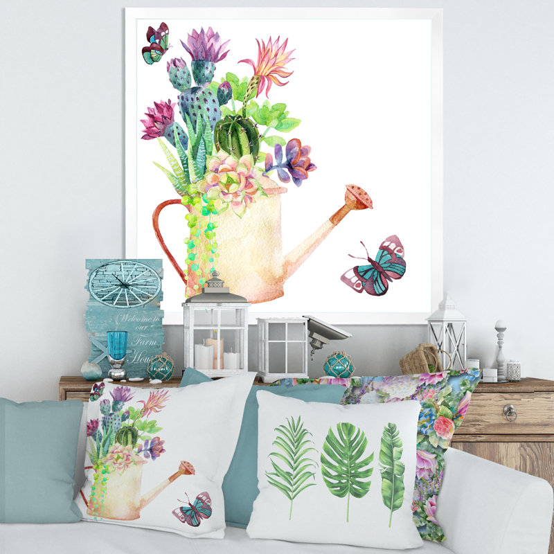 «Succulents In Old Watering Can», reproduction d'art sur toile, H 36 po x l 36 po x 1,5 po, Cadre blanc