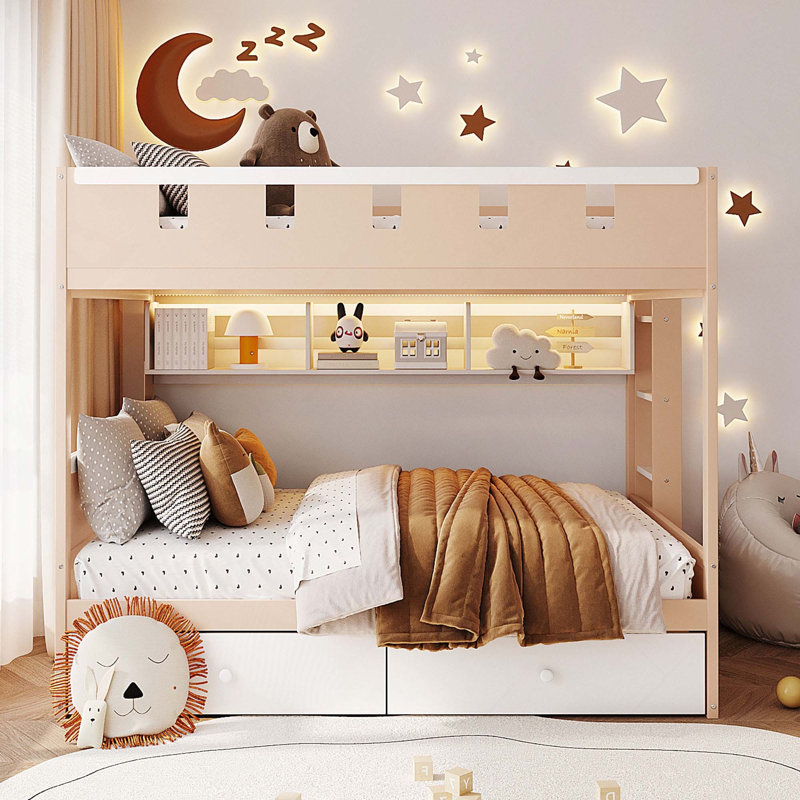 Lit superposé de style château avec 2 tiroirs, tablette et lumière DEL, Full, White
