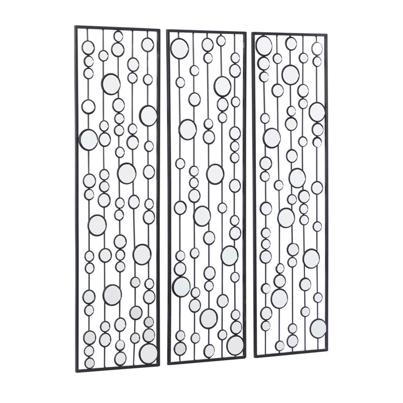Metal Geometric Black Wall Decor with Round Mirror Accents Set