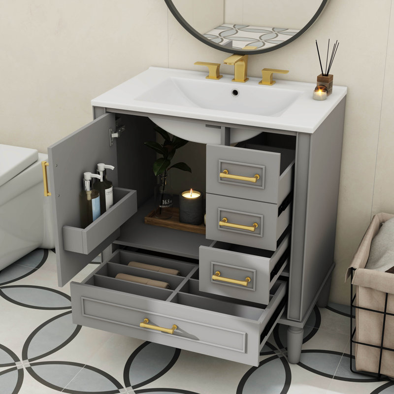 Meuble-lavabo de 30 pouces avec tiroir intégré à tiroir profond et tiroir standard, Gris