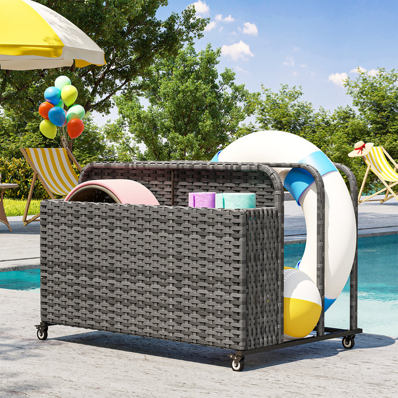 Poolside Deck Box, Poolside Storage Organizer With Pe Rattan Wicker Basket, For Floats & Accessories, Galvanized Frame With Locking Wheels