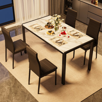Modern Style 5-piece Dining Table Set with 47.2"L x 27.5"D Rectangular Faux Marble Top Dining Table and 4 PU Upholstered Dining Chairs
