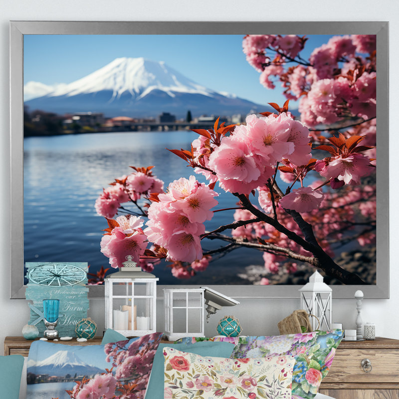 Impression sur toile Cherry Blossum, Mont Fuji, Japon II - Montagnes, Cadre de coin fermé argenté