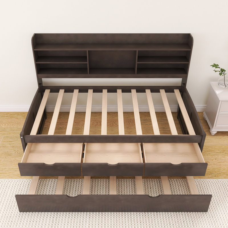 Wooden Daybed With Bookshelves, Storage Drawers And Trundle, Twin, Dark Gray
