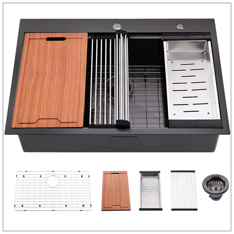 Workstation 33-Inch Drop-In Kitchen Sink R10 Radius Stainless Steel Kitchen Sink Single Bowl With Intergrated Ledge & Accessories (Pack Of 5) -33"X22"X10"