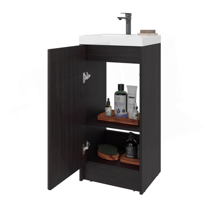 Meuble-lavabo sur pied et armoire avec lavabo en résine Syracuce, rangement compact pour salle de bain avec une porte et 2 tablettes intérieures