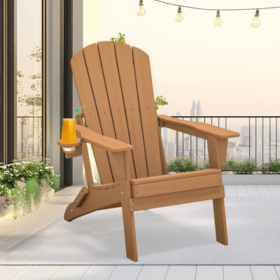Folding Adirondack Chair, Wood Texture, Cup Holder, All-Weather HDPE for Poolside/Lawn