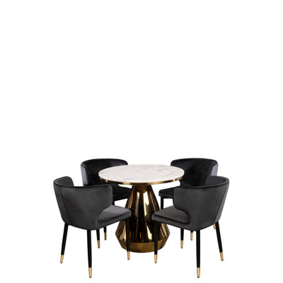Marble Bistro Dining Set with White Marble Top and Gold Stainless Steel Base – Includes Black Velvet Upholstered Curved Chairs