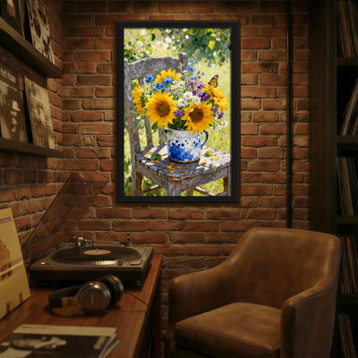 Plantes et fleurs, tournesols, papillons, chaise, vase de jardin, fleurs, lumière naturelle