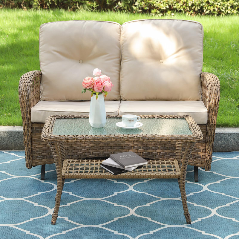  Wicker Patio Coffee Table, 34.48" Rectangle Outdoor Coffee Table With Tempered Glass Top And 2-Tier Storage Shelf, All-Weather Rattan Patio Side Table For Outside Poolside Deck Garden, Brown