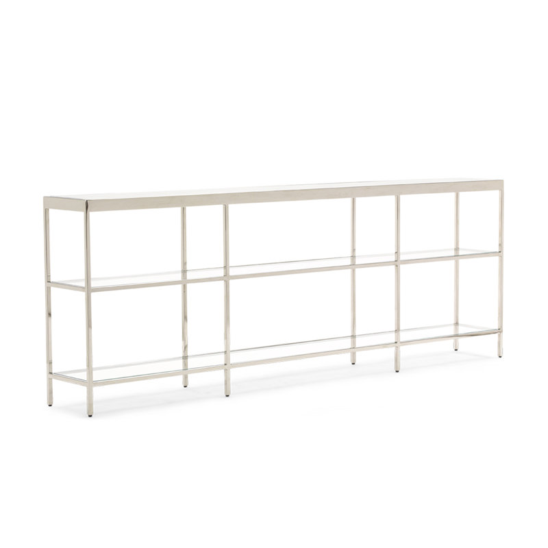 Vienna Low Bookcase W/ Glass Top, Polished Stainless Steel, (3 Shelves) 27"H x 75"W x 10"D