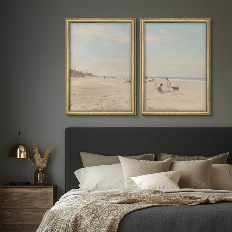 Serene Beach Scene Soft Coastal Landscape Calm Seaside Decor Framed Wall Art 26"x36" Set of 2, Framed Print Without Mat
