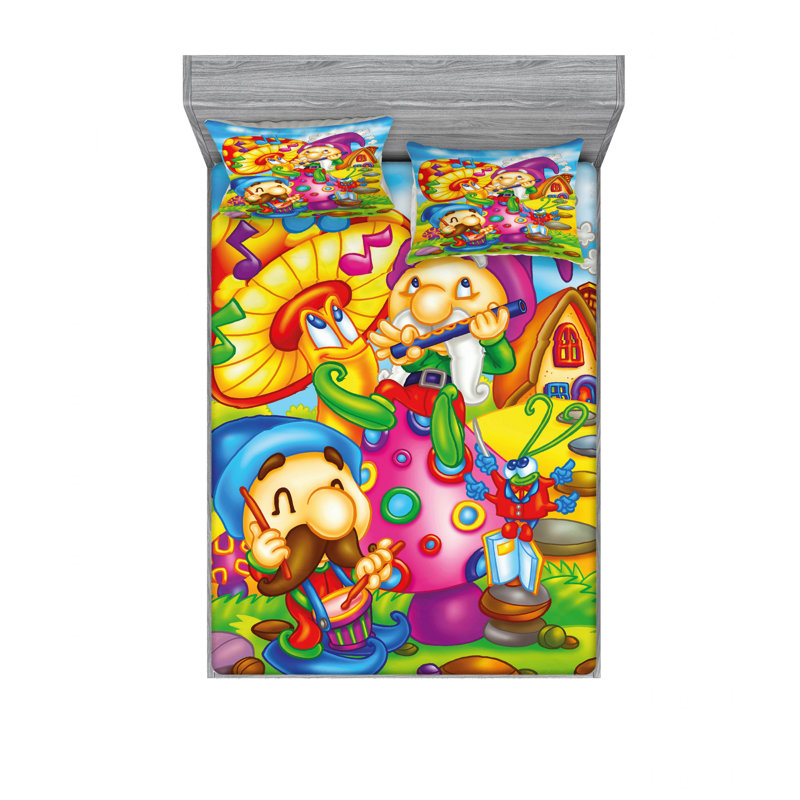 Ensemble de draps abstraits elfes animé avec flûte de jeu avec champignon, Ensemble de drap pour grand lit avec drap-housse