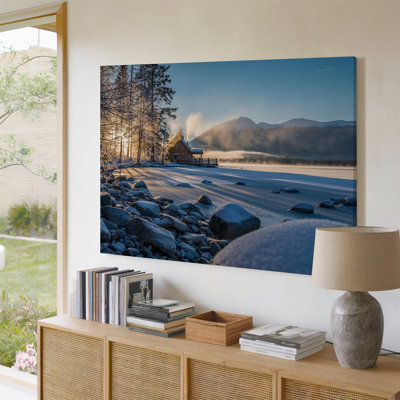 Reproduction d'art sur toile, "Un paysage d'hiver serein avec une cabane en rondins"