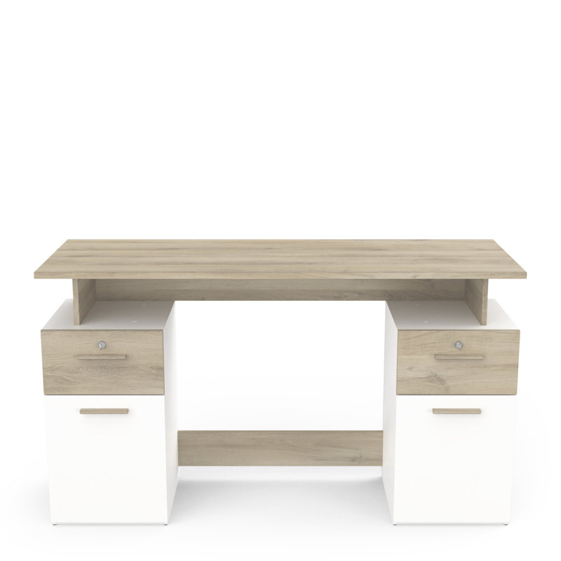 Fidencia Computer Writing Desk With Storage, 77cm H x 135cm W x 55cm D, White/Oak