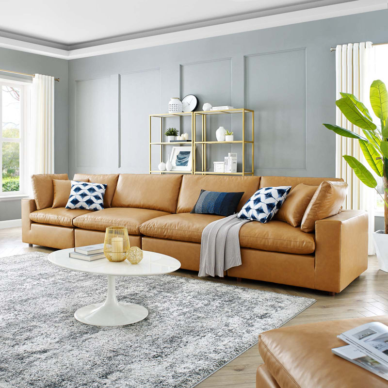 Modway Commix Down Filled Overstuffed Vegan Leather 4-Seater Sofa, Tan Faux Leather