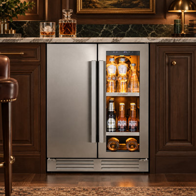23.4" W 3-in-1 Built-In or Freestanding Sphere Ice Maker with Beverage Cooler and Freezer Compartment, Automatic Water Supply, Frost-Free Cooling for Home Bars and Kitchens