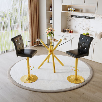 Modern Glass Bar Table And 2 Swivel Bar Stools For Kitchen Island, Home Bar, Small Space