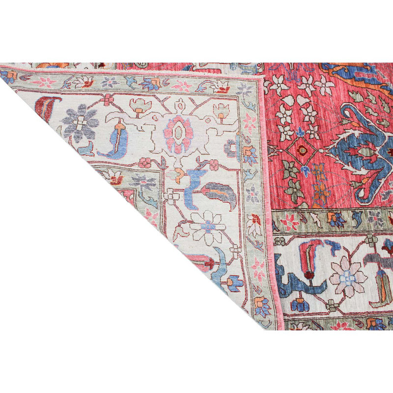 Tapis unique noué à la main de haute qualité en beige / corail / bleu