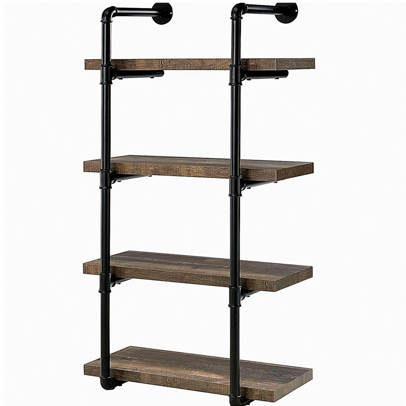 Black and vintage oak four-tier wall-mounted shelf